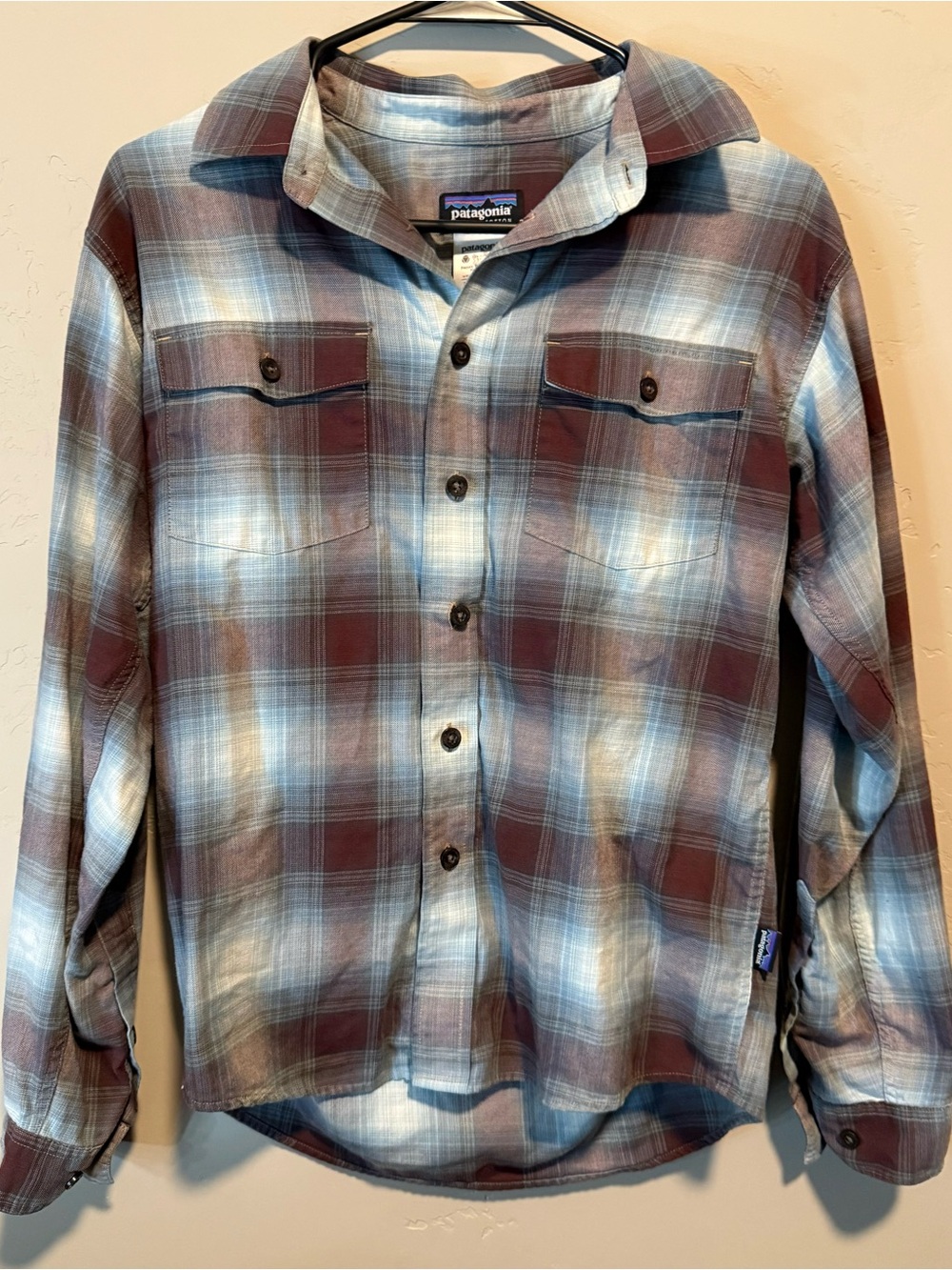 Patagonia Men's Plaid Button-Down Shirt - Maroon and Light Blue